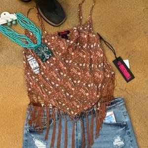 Floral Print and Fringe Cropped Tank Top Caramel - Rock N Roll Denim